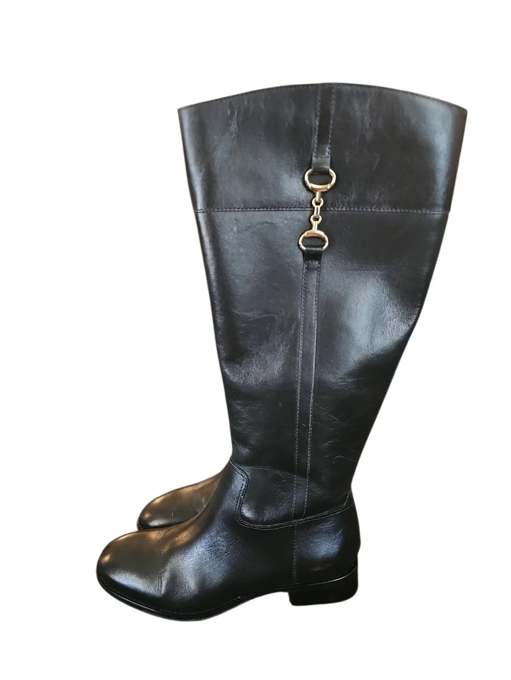 Talbots Tish Bit Riding Boots Black Knee-High Leather  with Gold Bit Detail 7.5